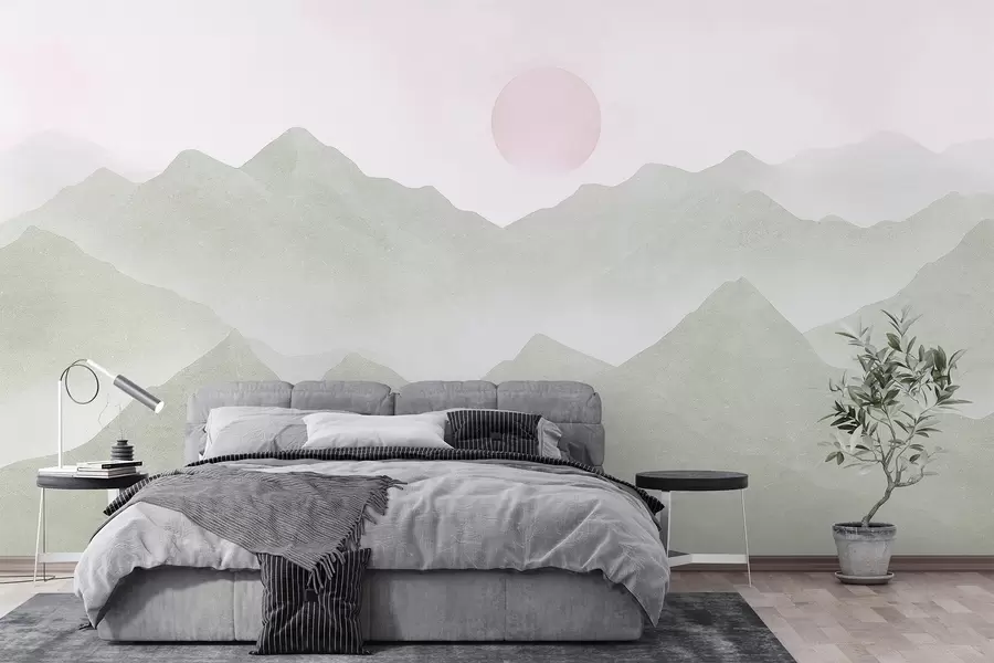 murales de pared Paisaje de montaña estilo boho, puesta de sol, pastel suave, verde w03547