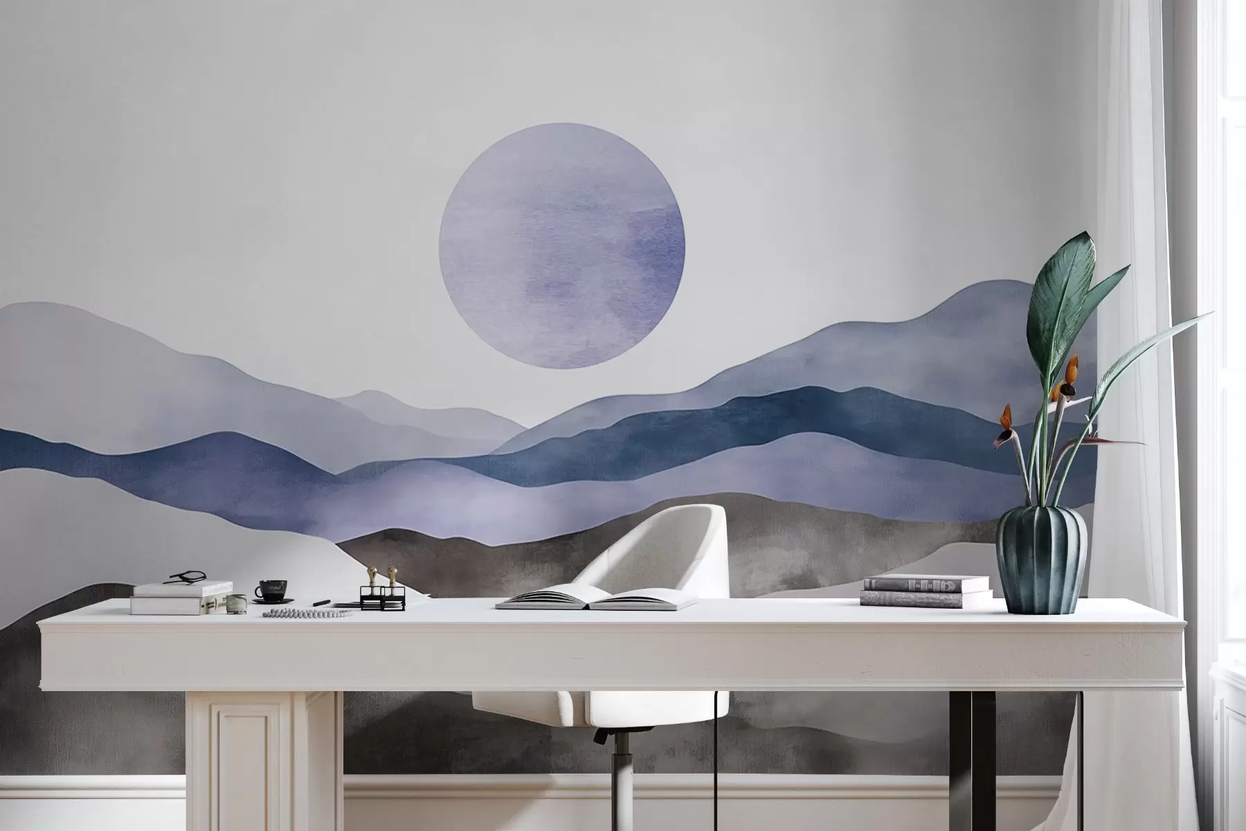 murales de pared Acuarela montañas con el sol, estilo boho, púrpura, azul, gris w03551v1