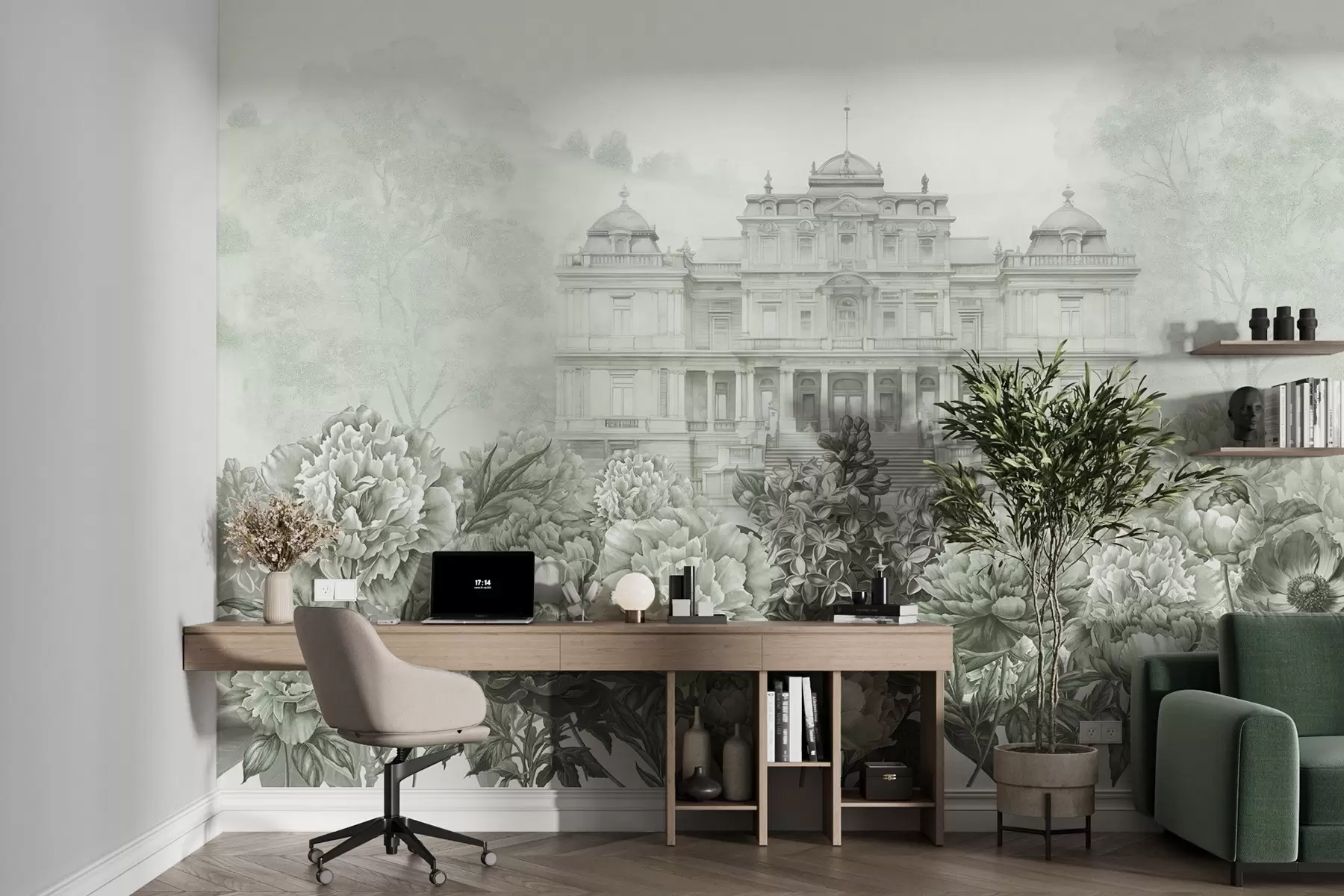 murales de pared Palacio real con jardín de peonías, estilo acuarela, naturaleza, colores verdes, boho w03552v2