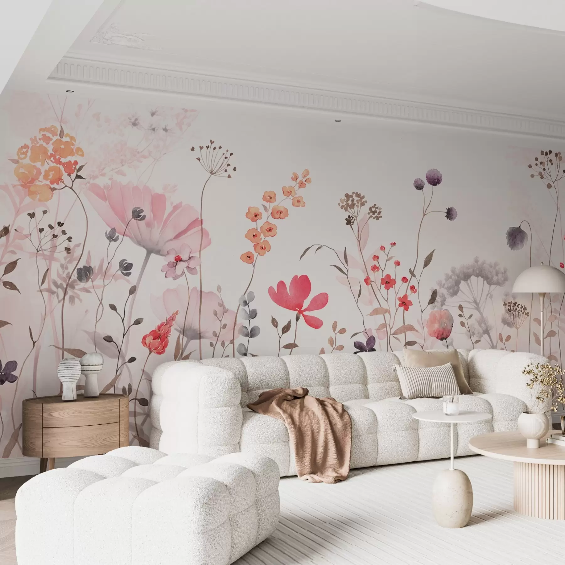 murales de pared Flores silvestres estilo acuarela con amapolas, crisantemos, dientes de león y hierba w08956