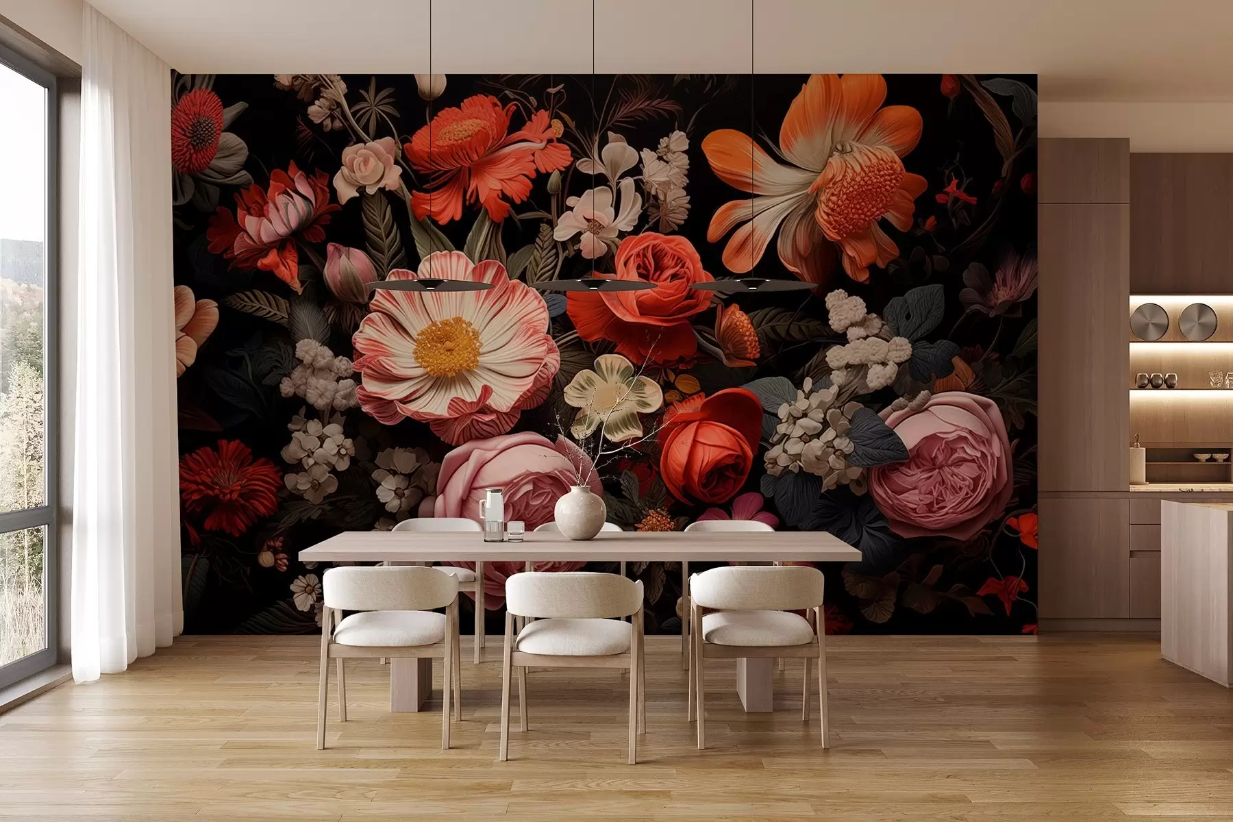 murales de pared Colorido ramo de flores variadas sobre fondo oscuro en tonos cálidos w08969