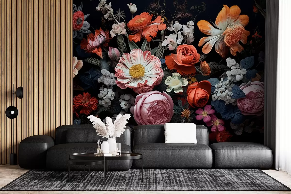 murales de pared Colorido ramo de flores variadas sobre fondo oscuro en tonos fríos w08969v1