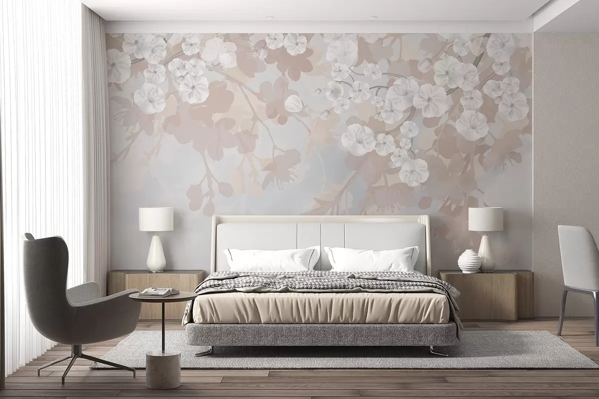 murales de pared Ramas de cerezo en flor con flores blancas y hojas grises, sobre elegantes siluetas florales en suaves colores pastel w08973