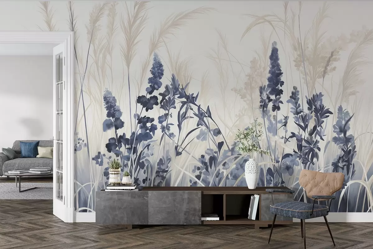 murales de pared Flores azules y juncos beige en un campo, textura de pintura minimalista, fondo claro, colores suaves, pinceladas delicadas w08982