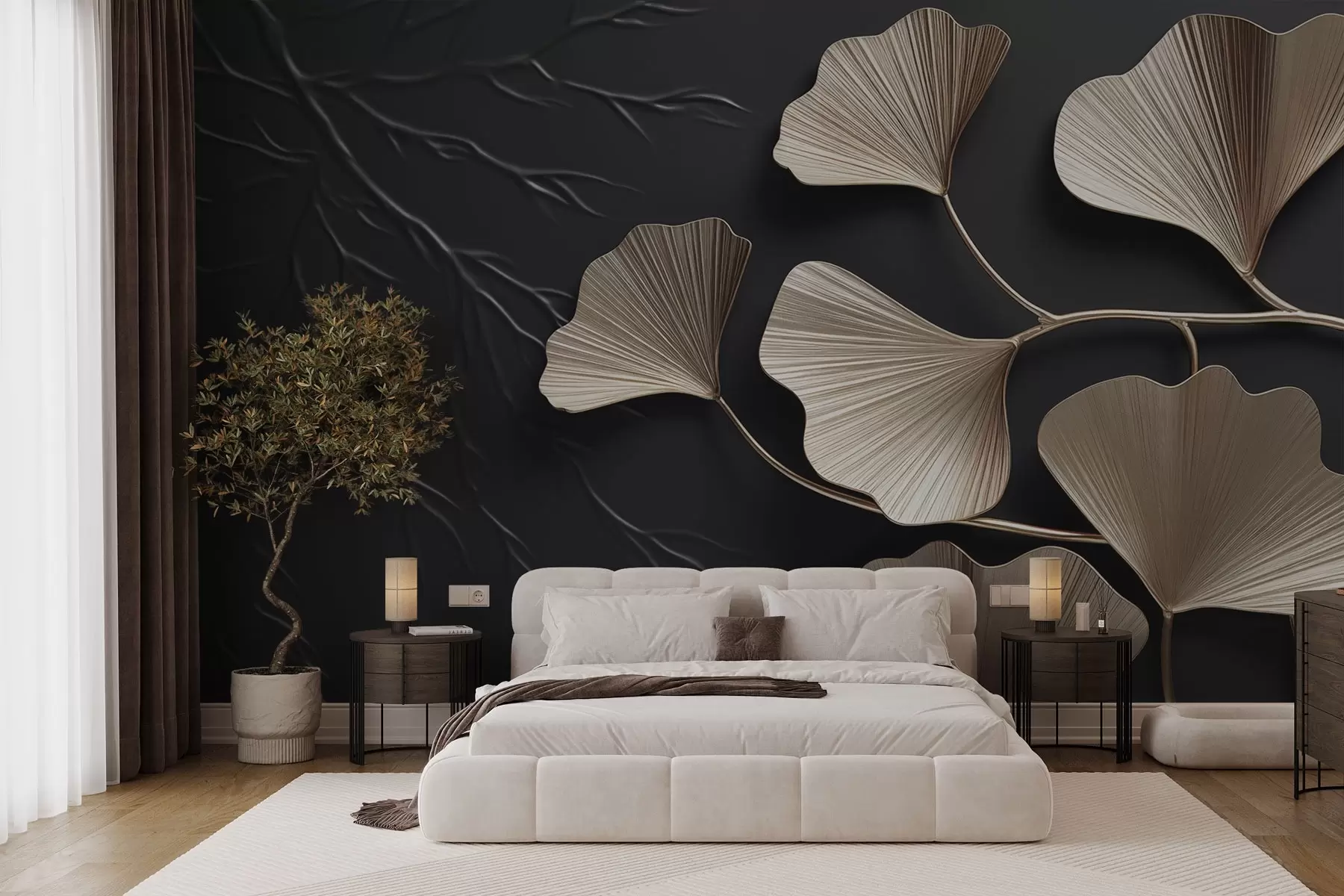 murales de pared Follaje volumétrico en una pared oscura con ramas w03650