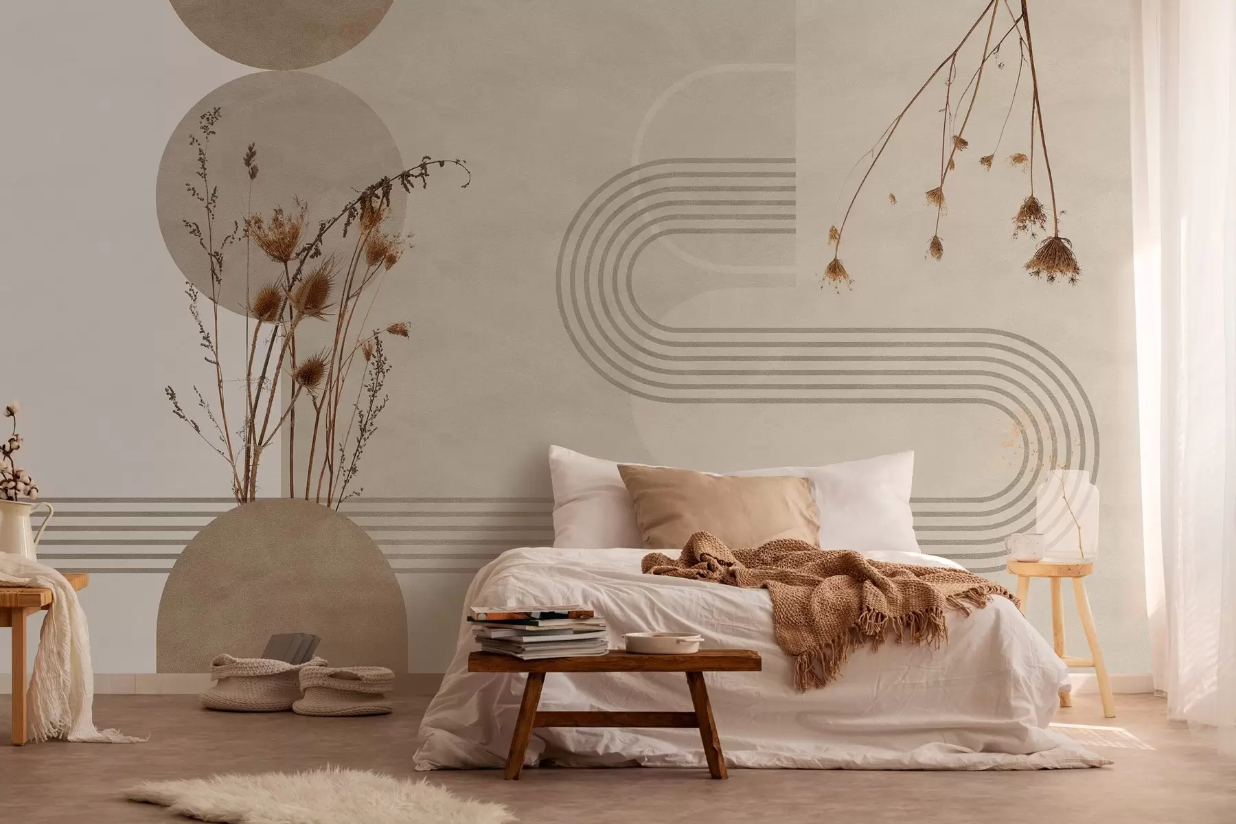 murales de pared geometría elegante y flores secas en tonos beige w03449