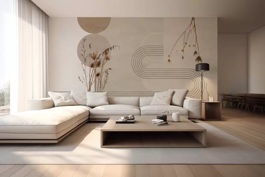 murales de pared geometría elegante y flores secas en tonos beige w03449