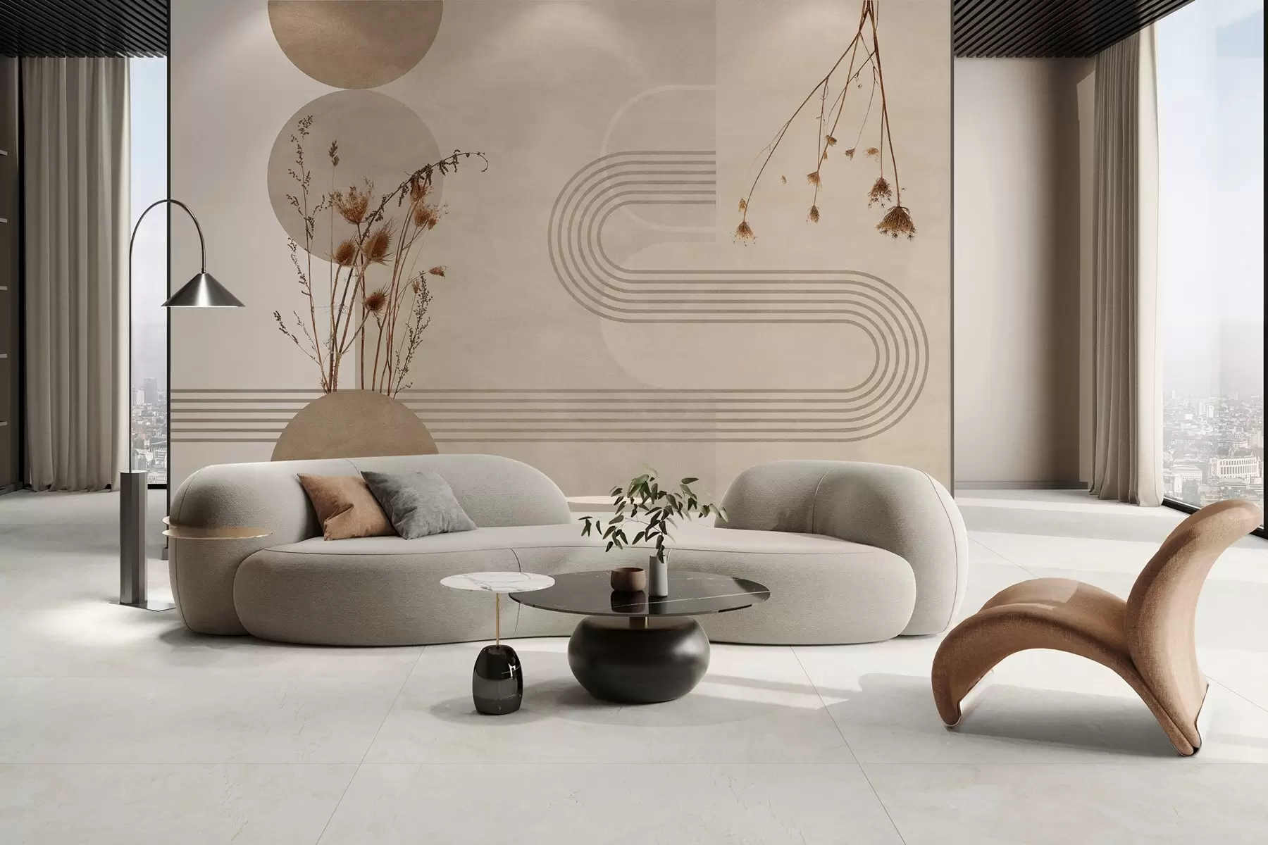 murales de pared geometría elegante y flores secas en tonos beige w03449