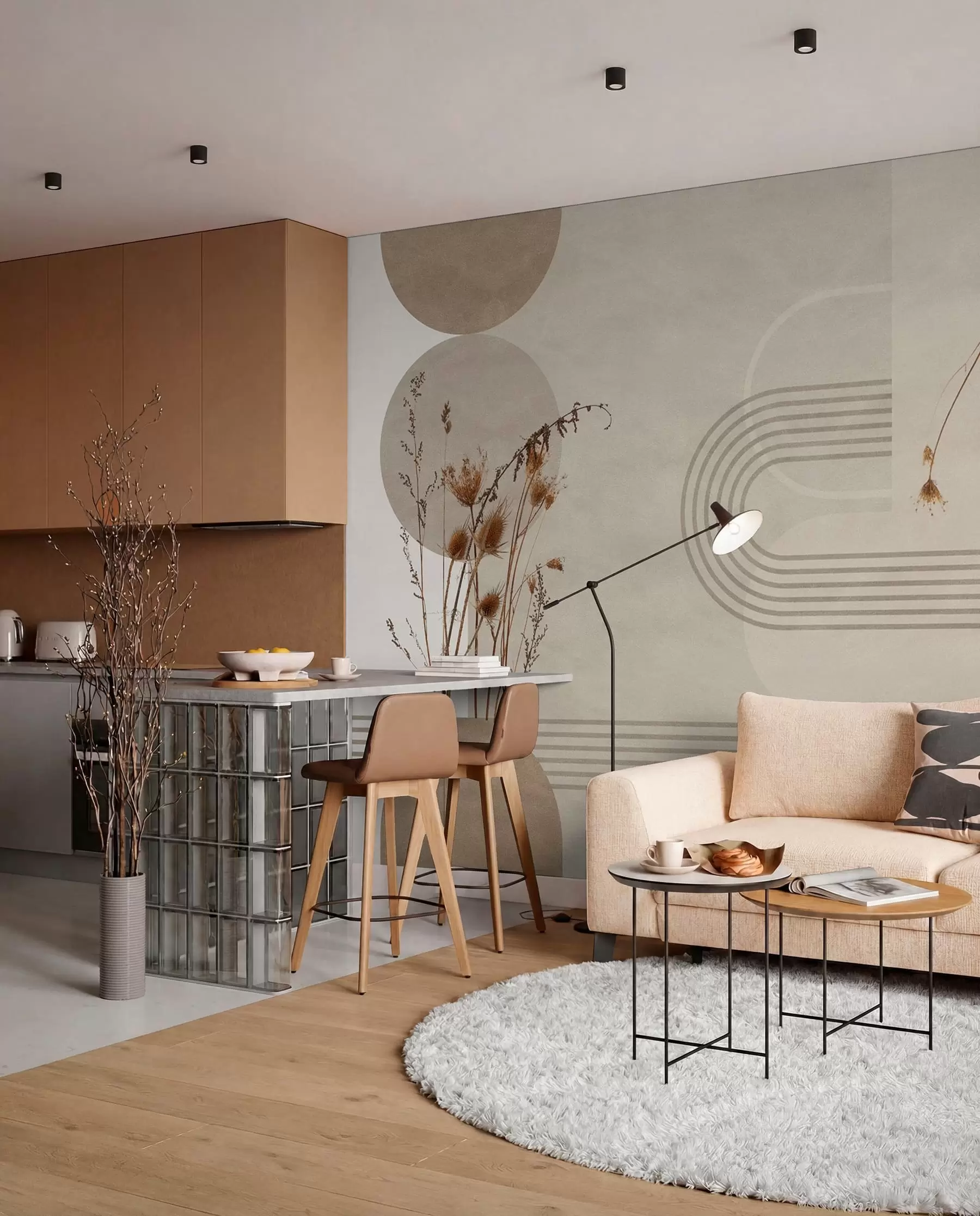 murales de pared geometría elegante y flores secas en tonos beige w03449