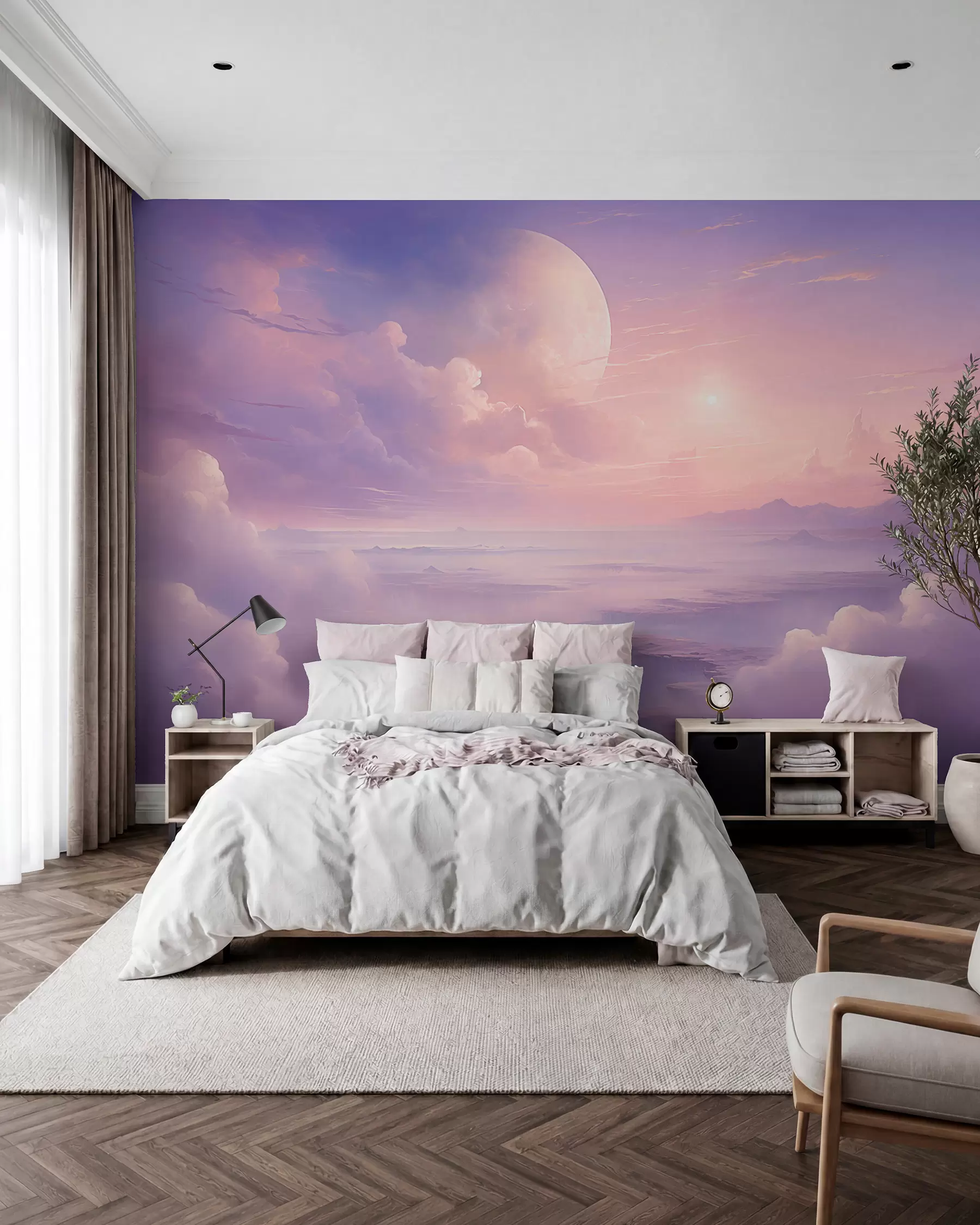 murales de pared Luna sobre nubes lilas w08986