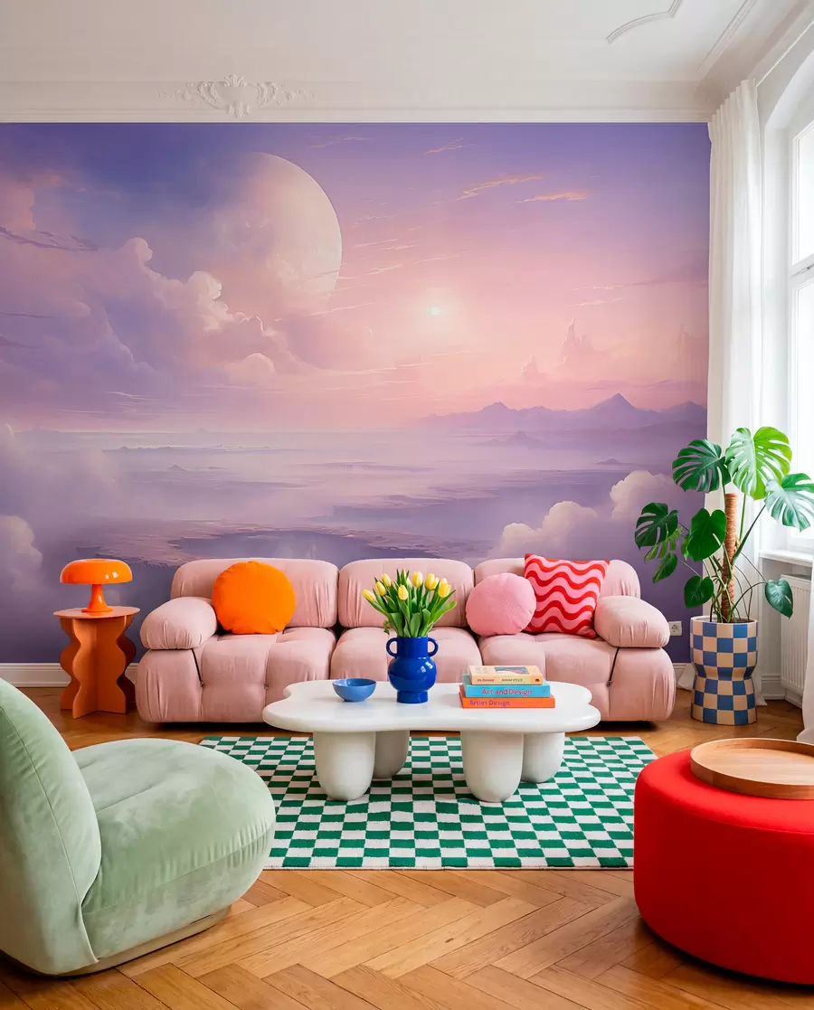 murales de pared Cielo mágico rosa púrpura con la luna y las nubes w08986