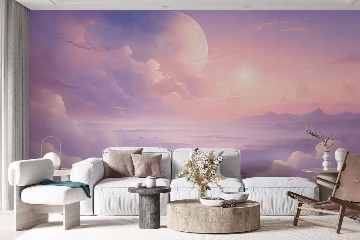 murales de pared Cielo mágico rosa púrpura con la luna y las nubes w08986