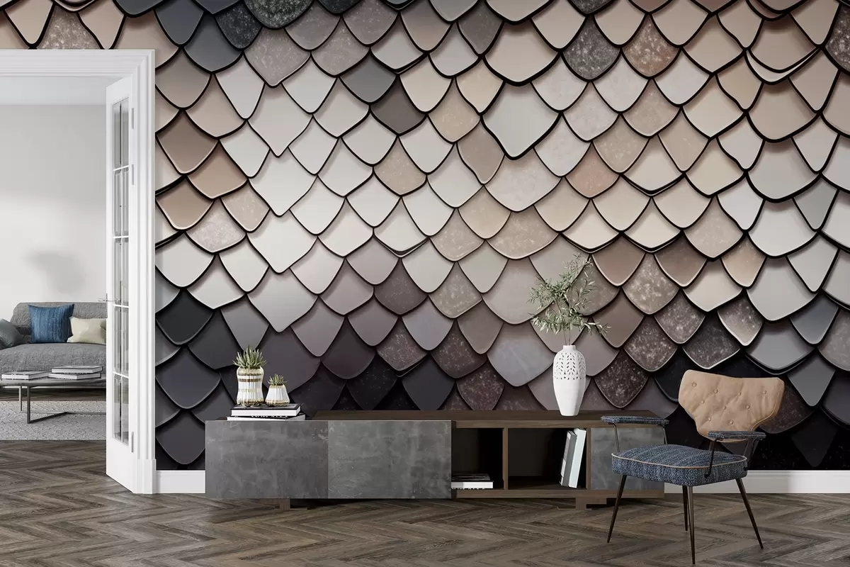 murales de pared Estampado beige-gris con textura de dragón w09005
