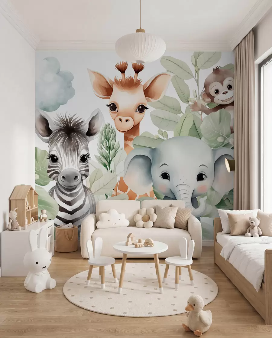 murales de pared Jirafa, cebra, elefante y mono entre el follaje w03677
