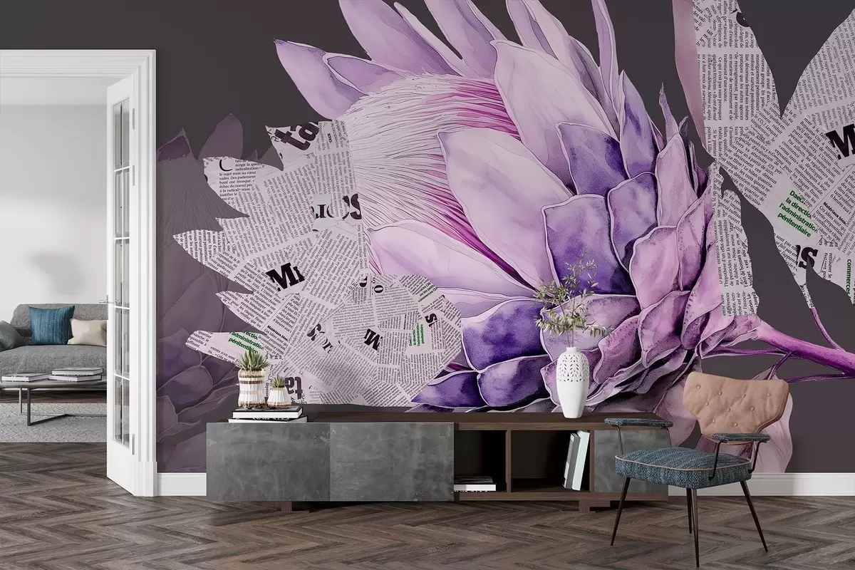 murales de pared Flores de Protea, arte del periódico, floral, tropical, fondo oscuro, colores púrpura w03667v2