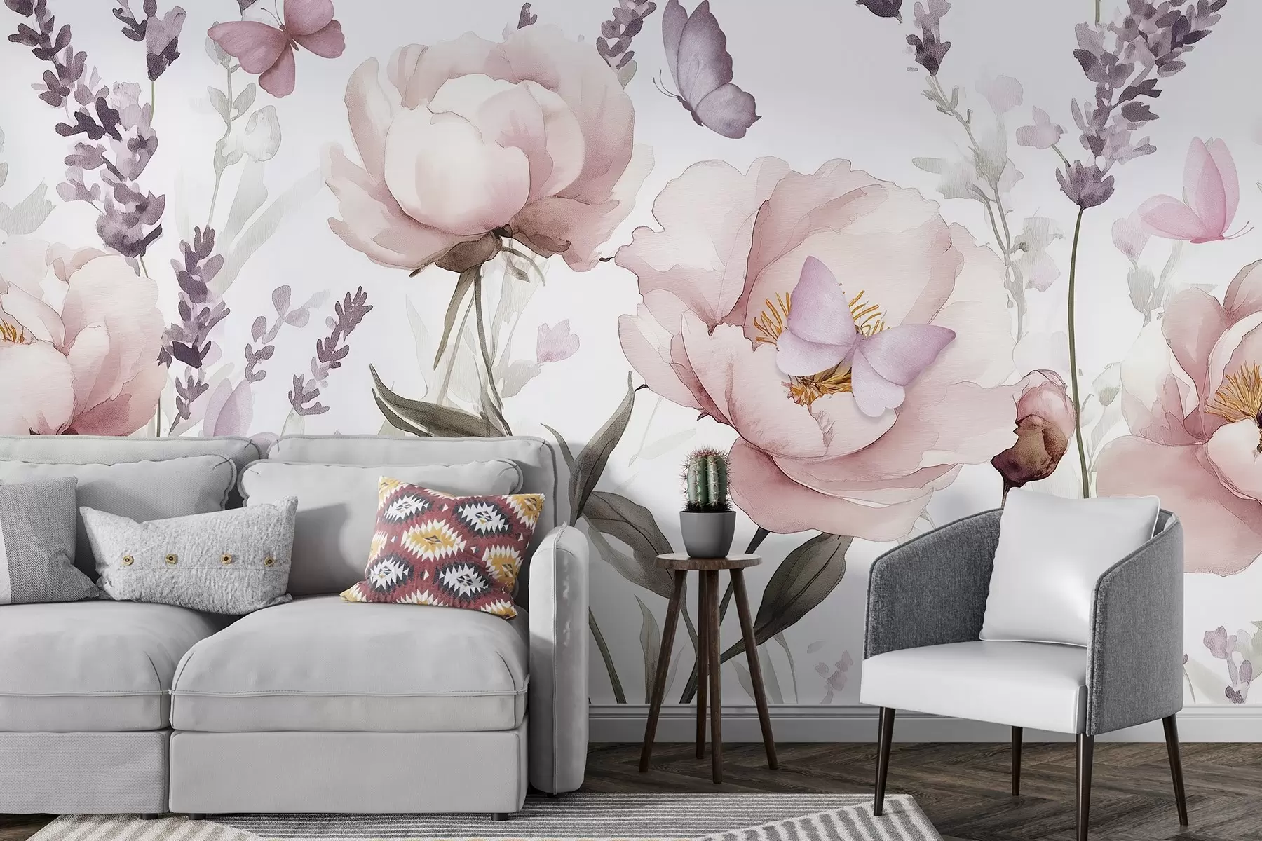 murales de pared Pradera de flores, peonías, lavanda, mariposas, estilo acuarela, colores rosados w03668