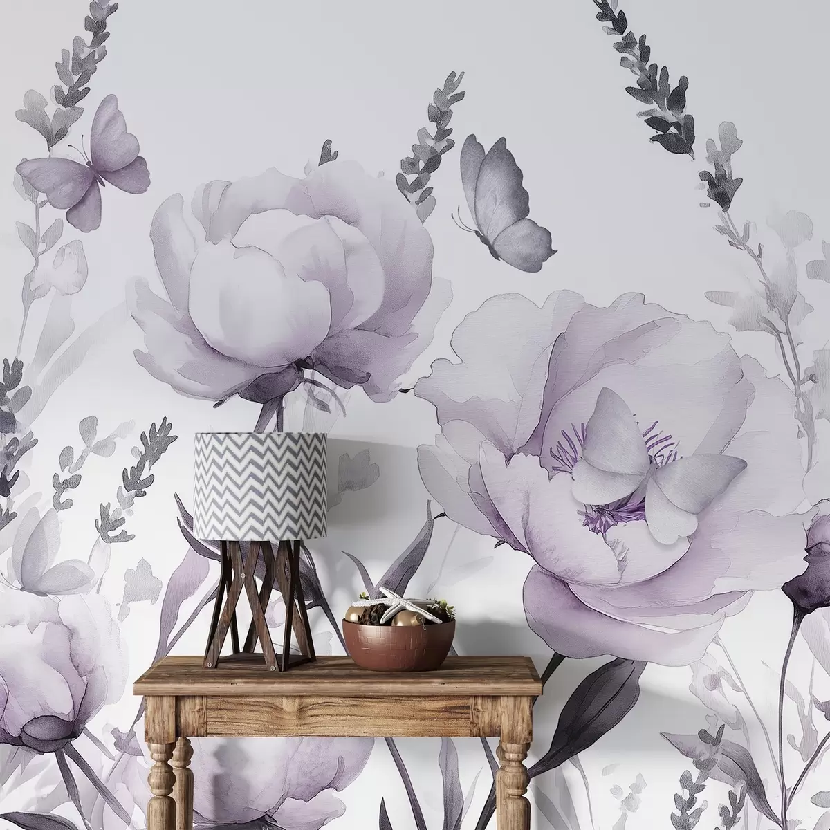 murales de pared Pradera de flores, peonías, lavanda, mariposas, estilo acuarela, colores de pupas w03668v3
