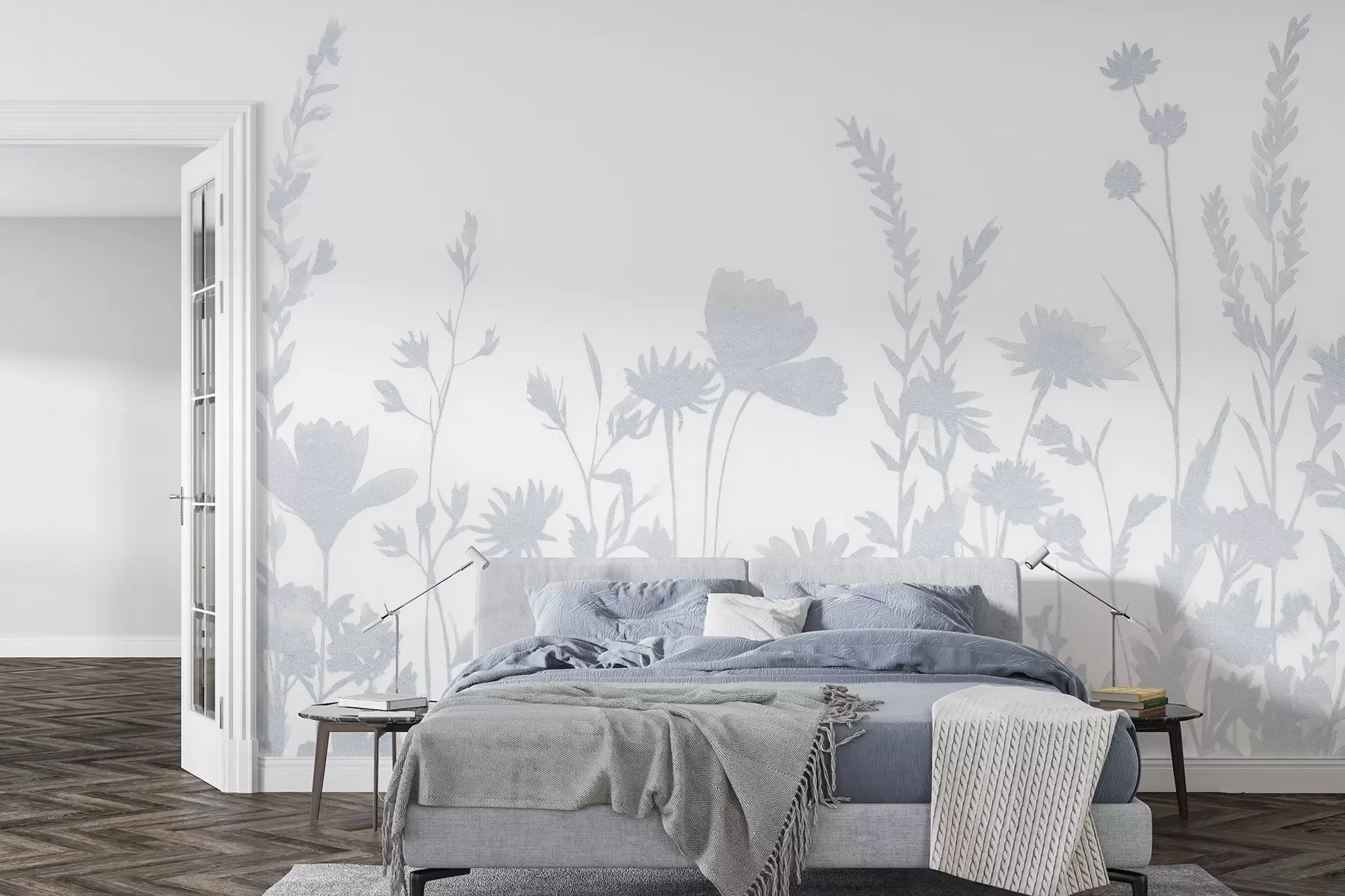 murales de pared Pradera de verano, rústica, flores, paleta de colores azules w03670v1