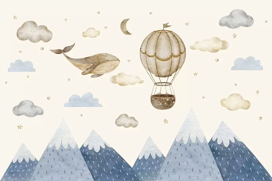 murales de pared Globo de aire, linda ballena, cielo estrellado, montañas, acuarela, colores azul y beige w03672