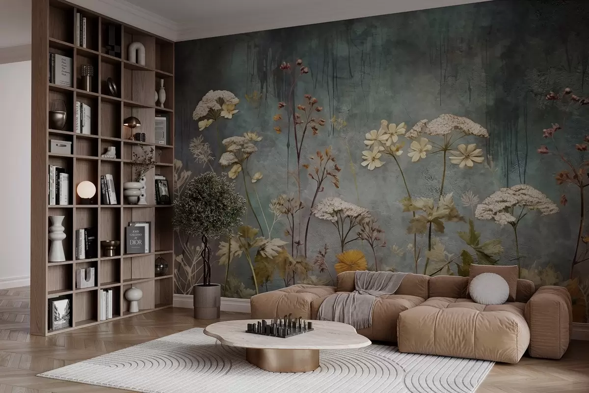 murales de pared Flores silvestres y hierbas en el fondo de la pared grunge w03697