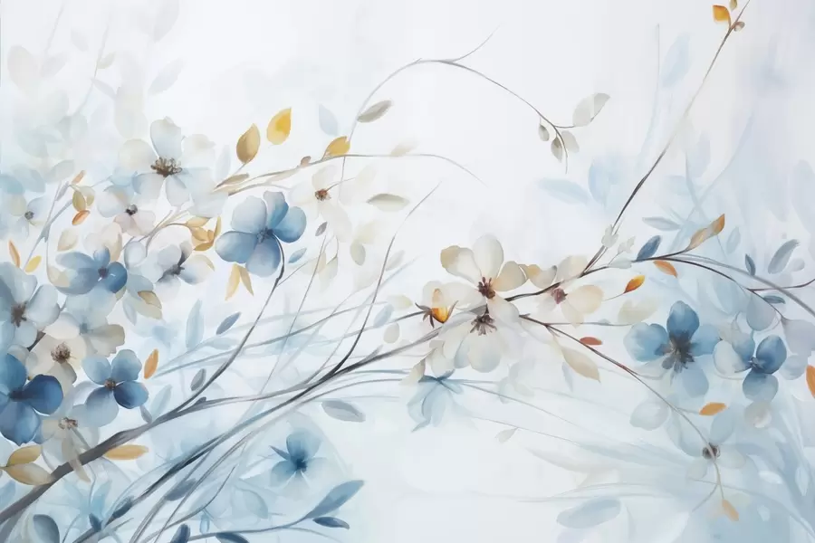 murales de pared Arreglo floral con hojas azules y naranjas y flores blancas, pétalos delicados, ramas finas, colores suaves, efecto acuarela w09009