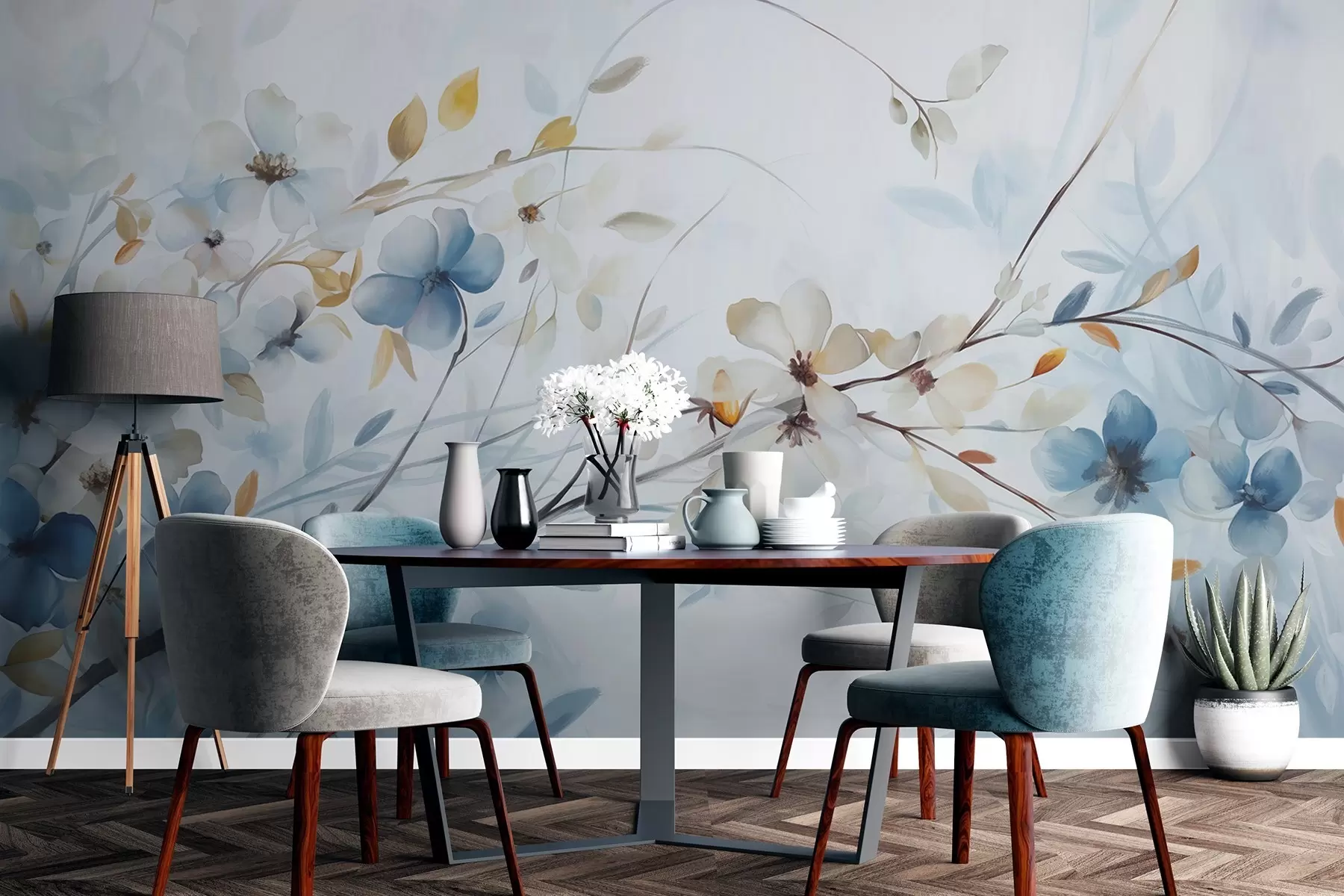 murales de pared Arreglo floral con hojas azules y naranjas y flores blancas, pétalos delicados, ramas finas, colores suaves, efecto acuarela w09009
