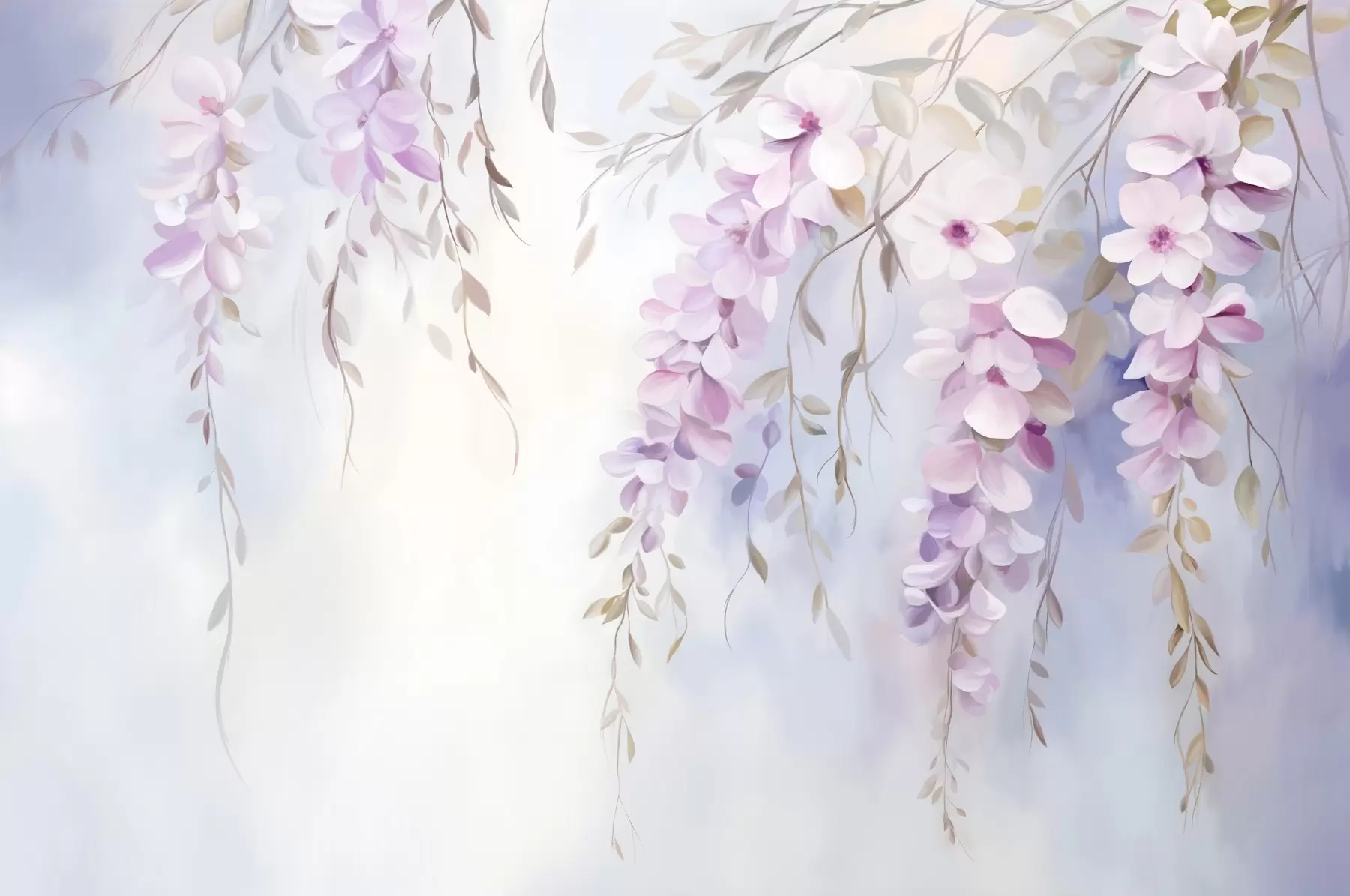 murales de pared Flores de glicinia con pétalos lilas y hojas verdes colgando de las ramas, suaves colores pastel, fondo color pastel w09010