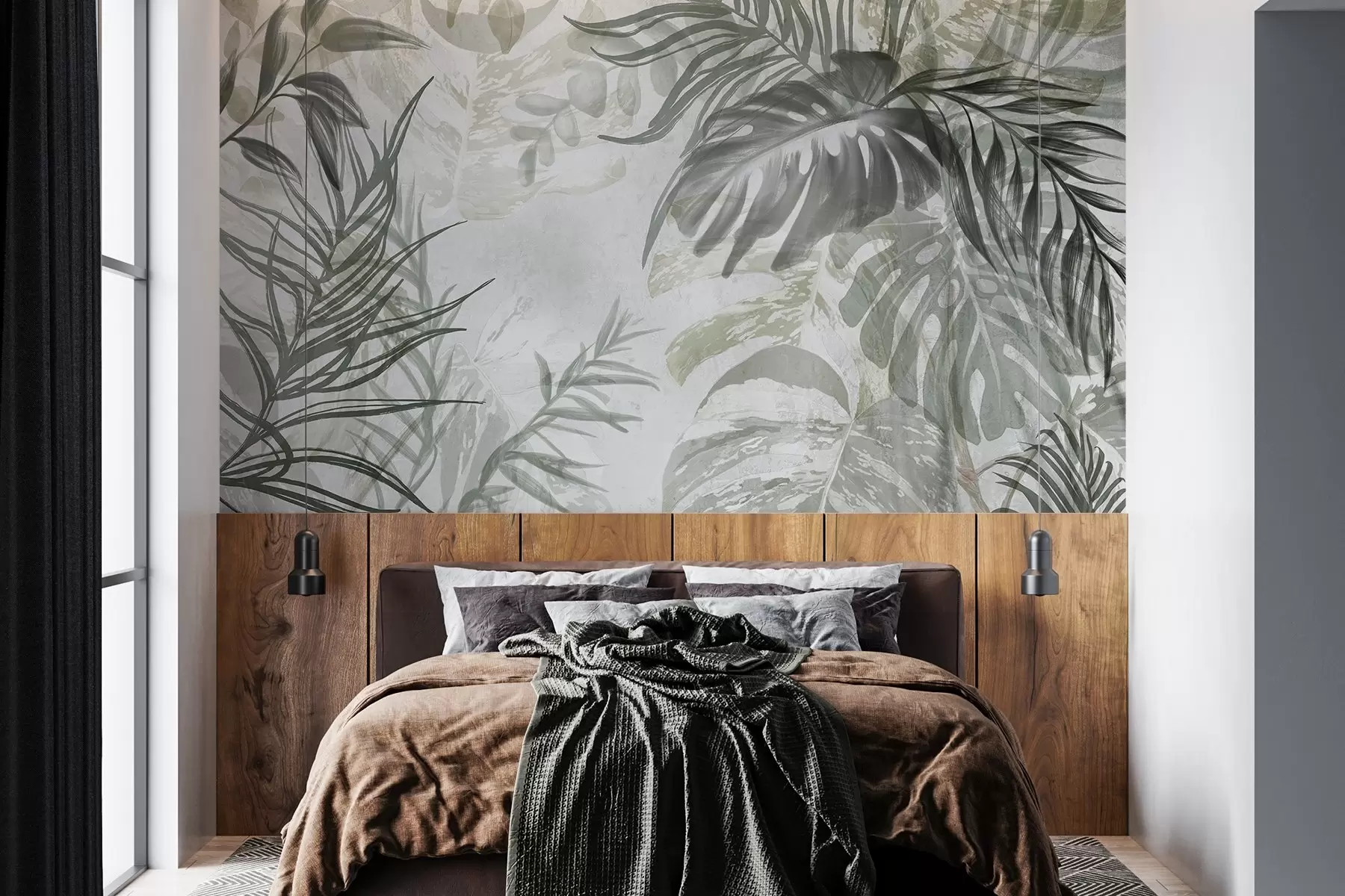 murales de pared Monstera y hojas de palma en tonos de verde y gris, botánico, follaje tropical, plantas de la selva, fondo texturizado w09011