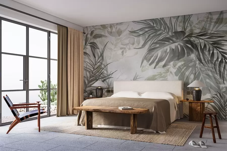 murales de pared Monstera y hojas de palma en tonos de verde y gris, botánico, follaje tropical, plantas de la selva, fondo texturizado w09011