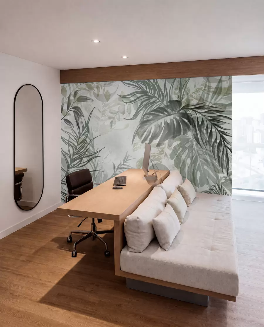 murales de pared Monstera y hojas de palma en tonos de verde y gris, botánico, follaje tropical, plantas de la selva, fondo texturizado w09011