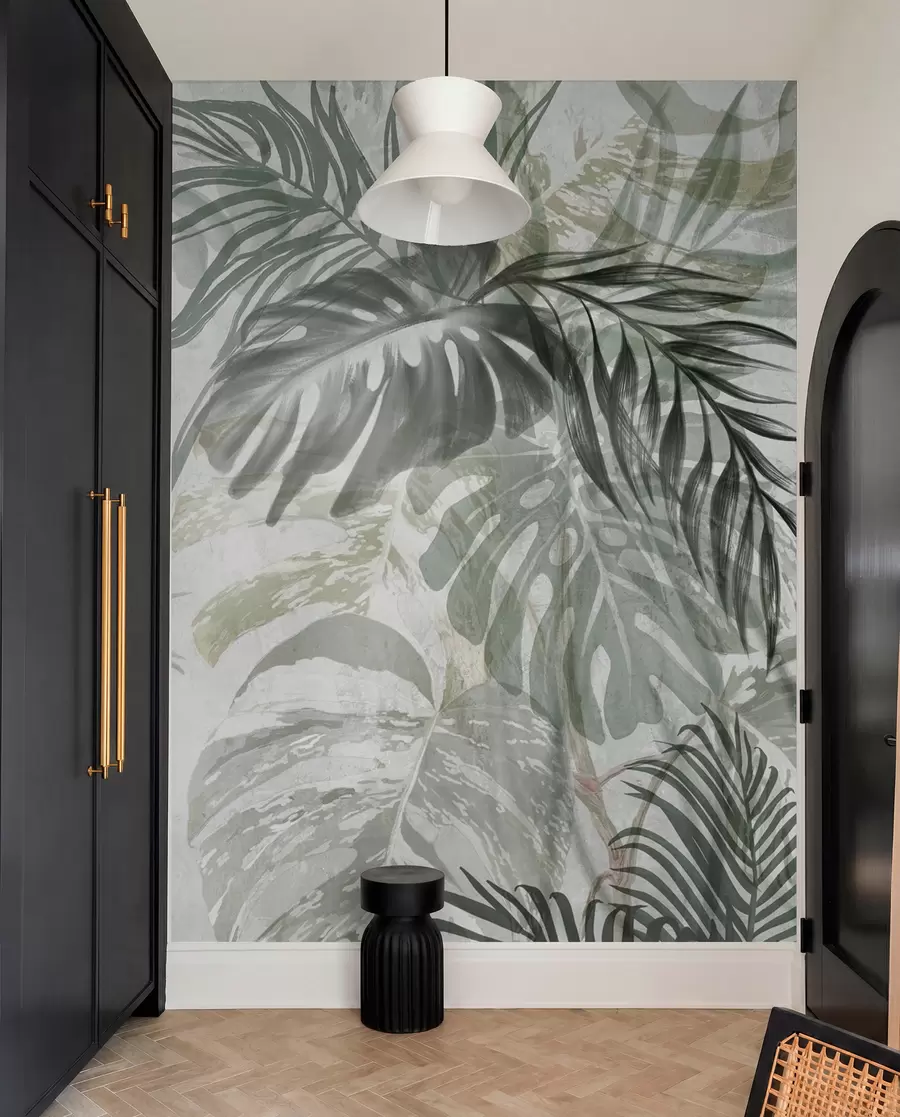 murales de pared Monstera y hojas de palma en tonos de verde y gris, botánico, follaje tropical, plantas de la selva, fondo texturizado w09011