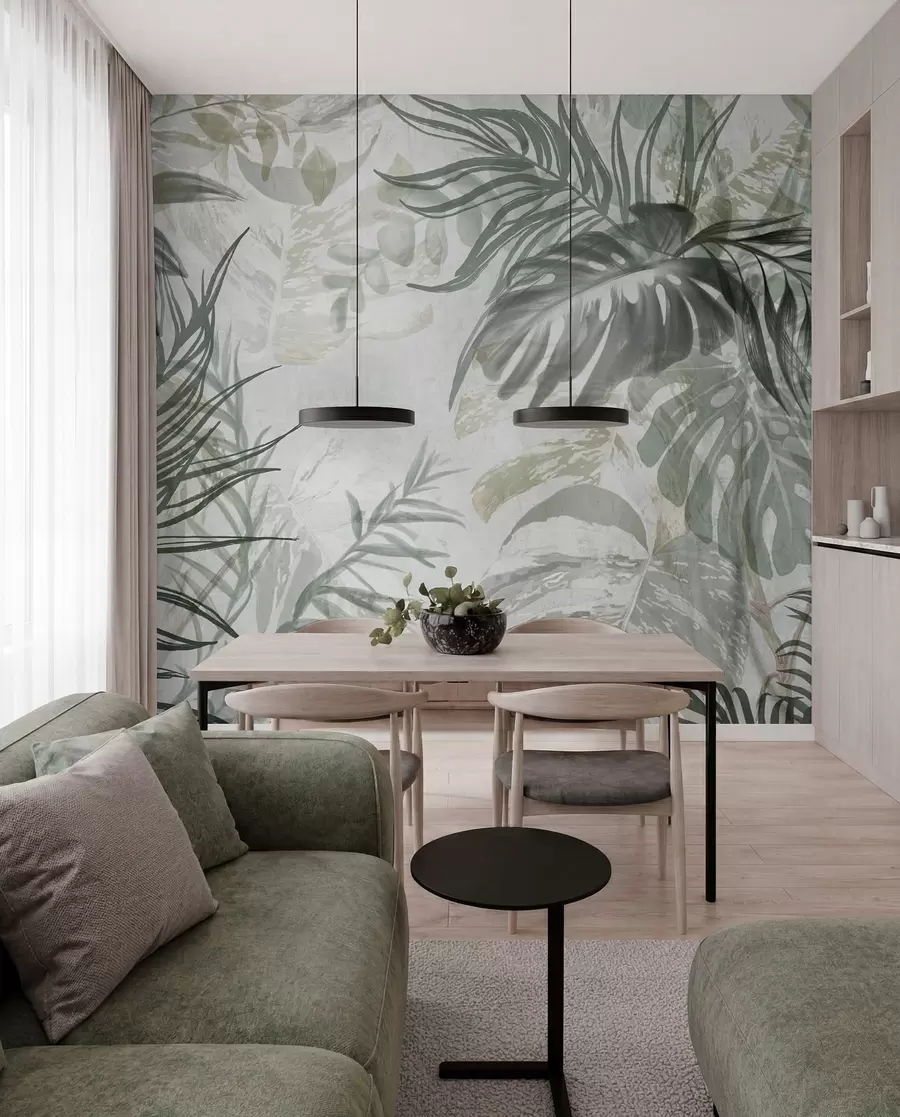 murales de pared Monstera y hojas de palma en tonos de verde y gris, botánico, follaje tropical, plantas de la selva, fondo texturizado w09011