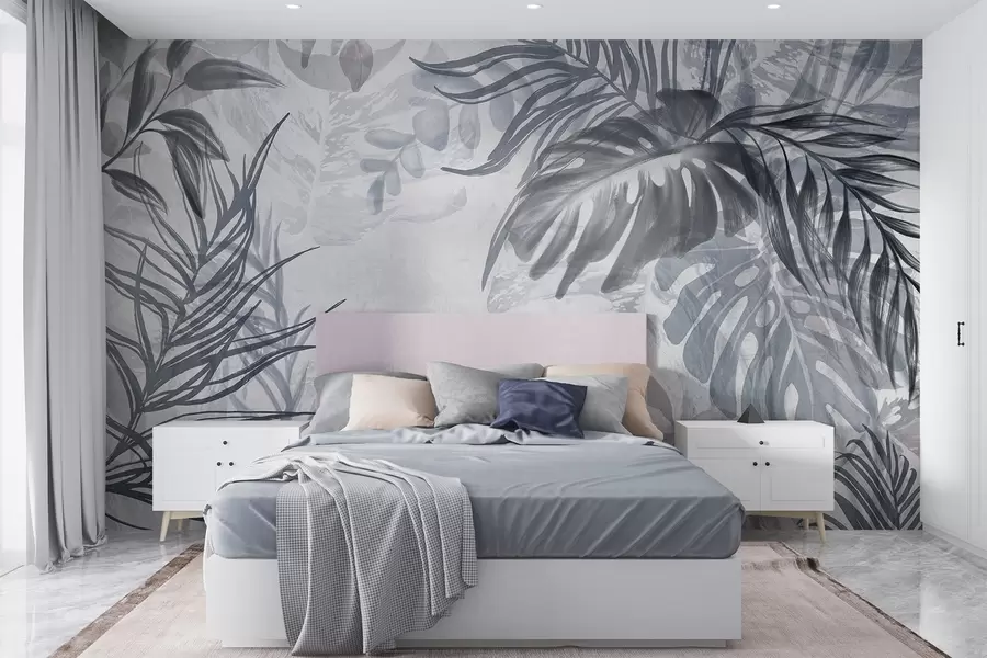 murales de pared Monstera y hojas de palma en tonos de azul y gris, botánico, follaje tropical, plantas de la selva, fondo texturizado w09011v1