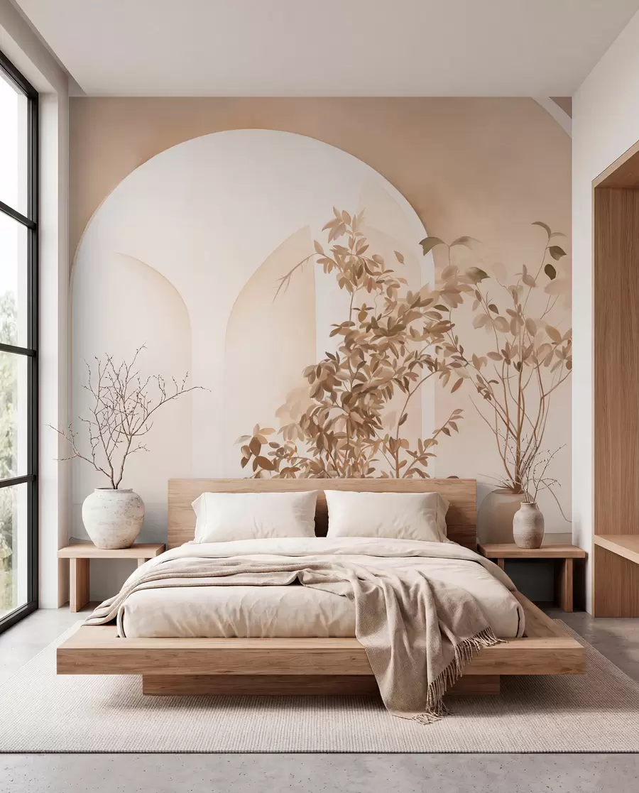murales de pared Plantas en macetas con tonos beige delante de arcos abstractos, estilo minimalista, elegante y limpio, fondo neutro w09013