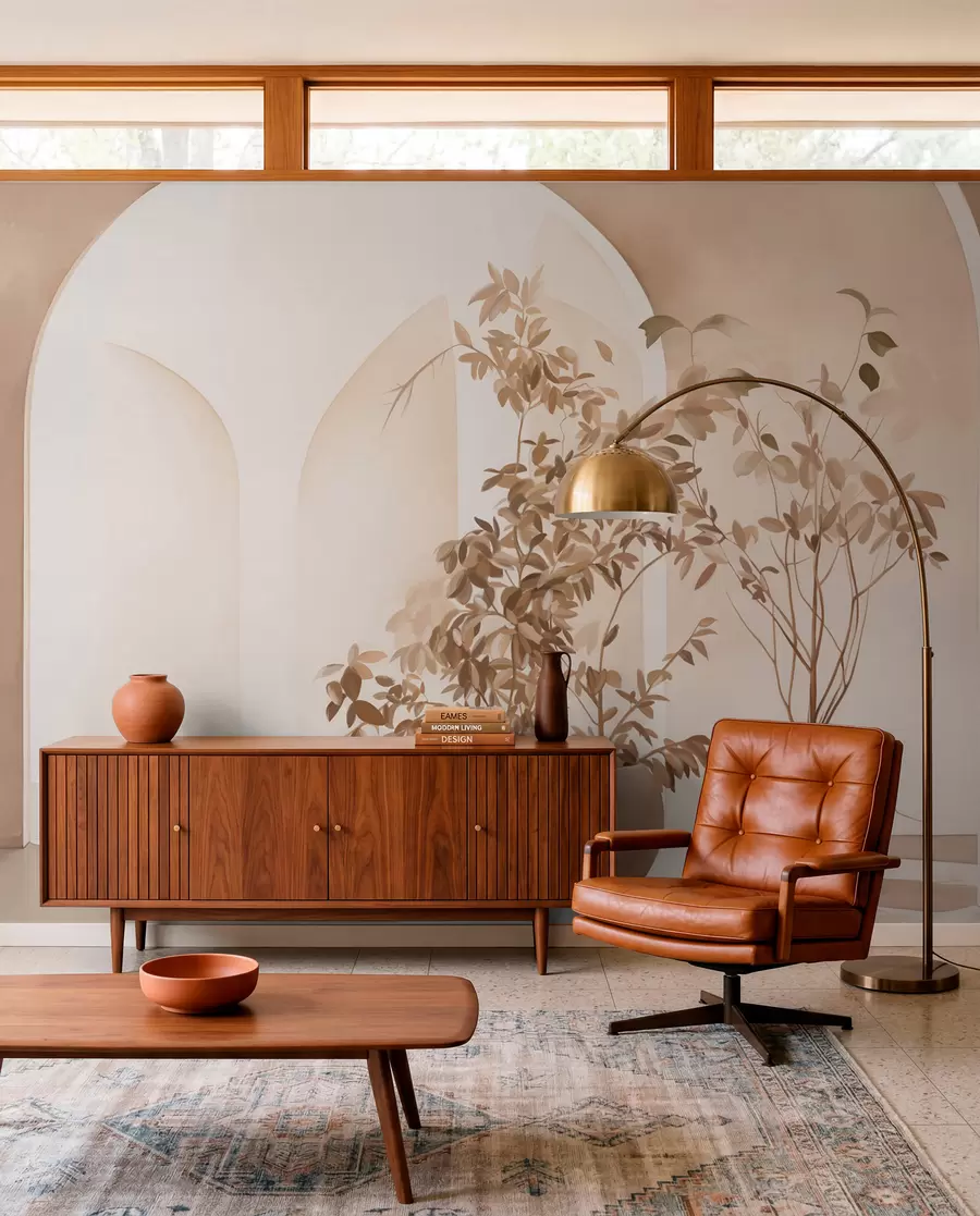murales de pared Plantas en macetas con tonos beige delante de arcos abstractos, estilo minimalista, elegante y limpio, fondo neutro w09013