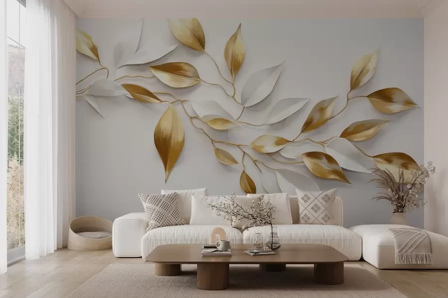murales de pared Hojas amarillas y blancas sobre una rama , diseño elegante, fondo blanco, estilo minimalista, arte decorativo , inspirado en la naturaleza w09015