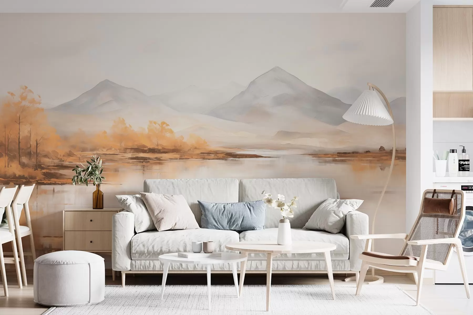 murales de pared Paisaje otoñal con árboles amarillos y un río sobre un fondo montañoso w09020