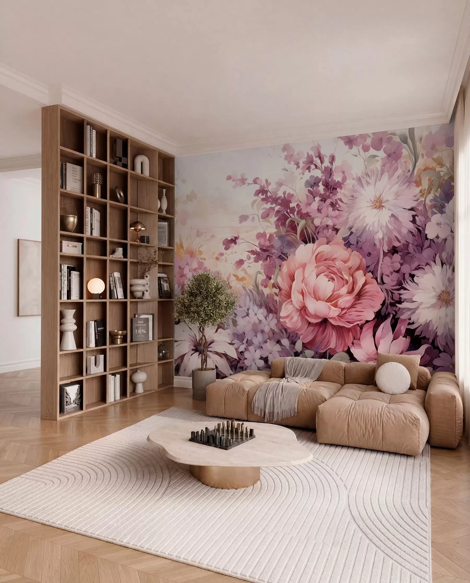 murales de pared Flores coloridas en tonos rosas y morados: lilas, peonías, crisantemos w09039