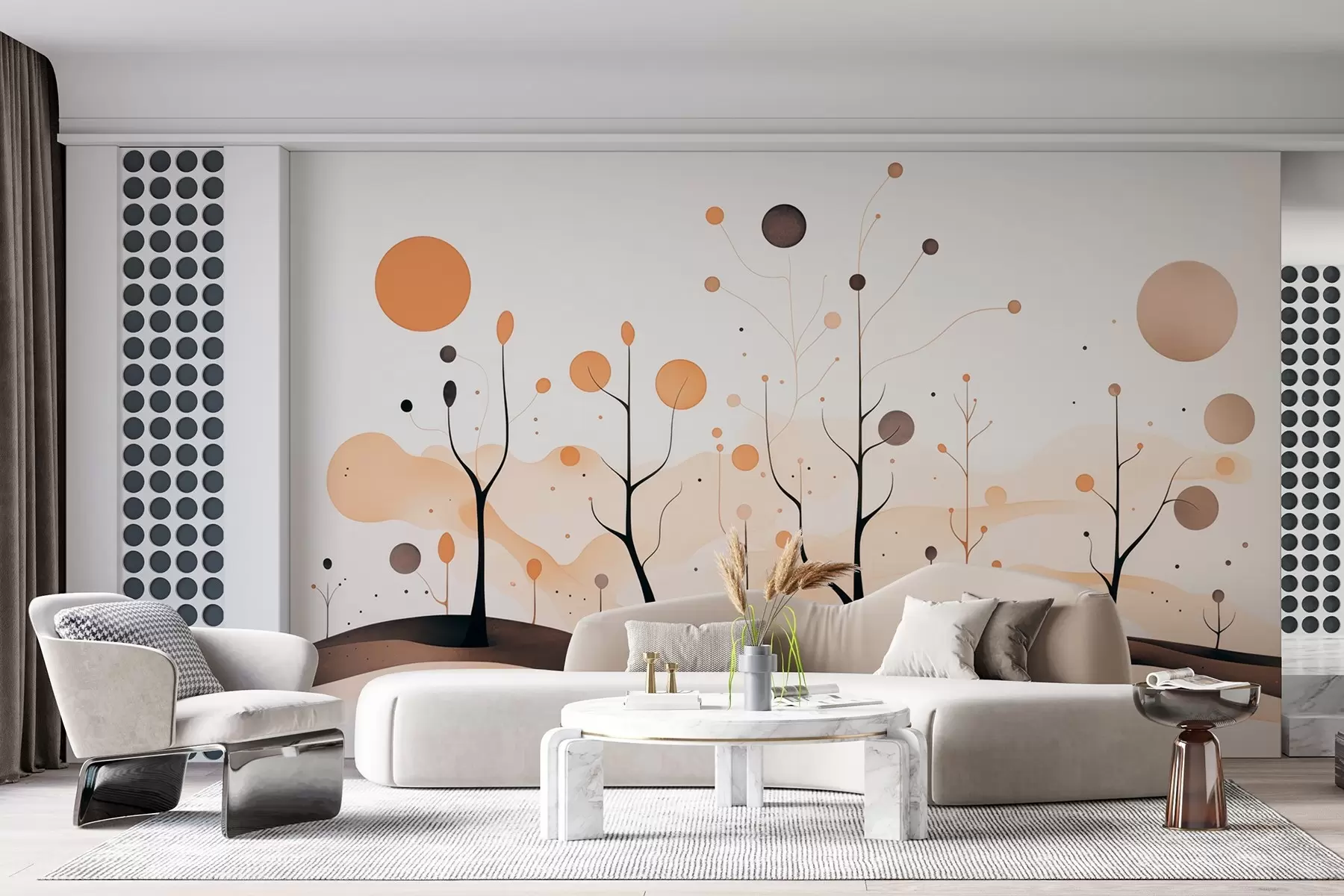 murales de pared Árboles abstractos con esferas y sol en tonos beige-gris w09043