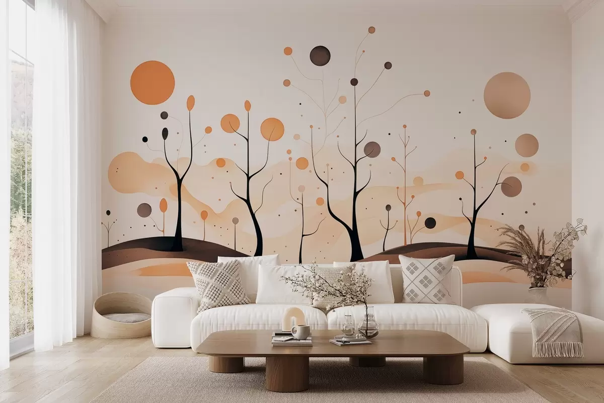 murales de pared Árboles abstractos con esferas y sol en tonos beige-gris w09043