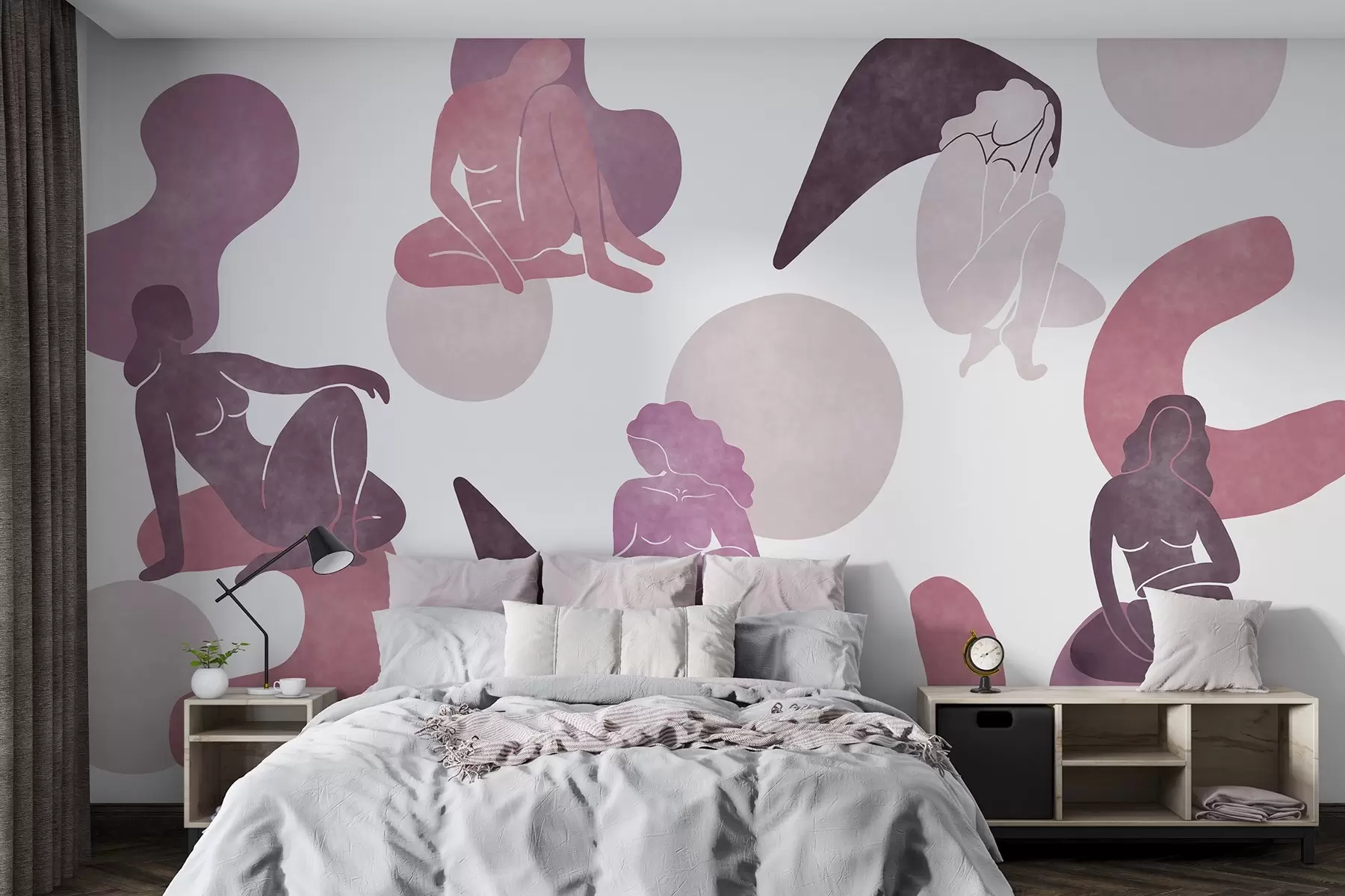 murales de pared Abstracciones geométricas con siluetas femeninas, estilo boho, rosa, beige, morado w03753v3
