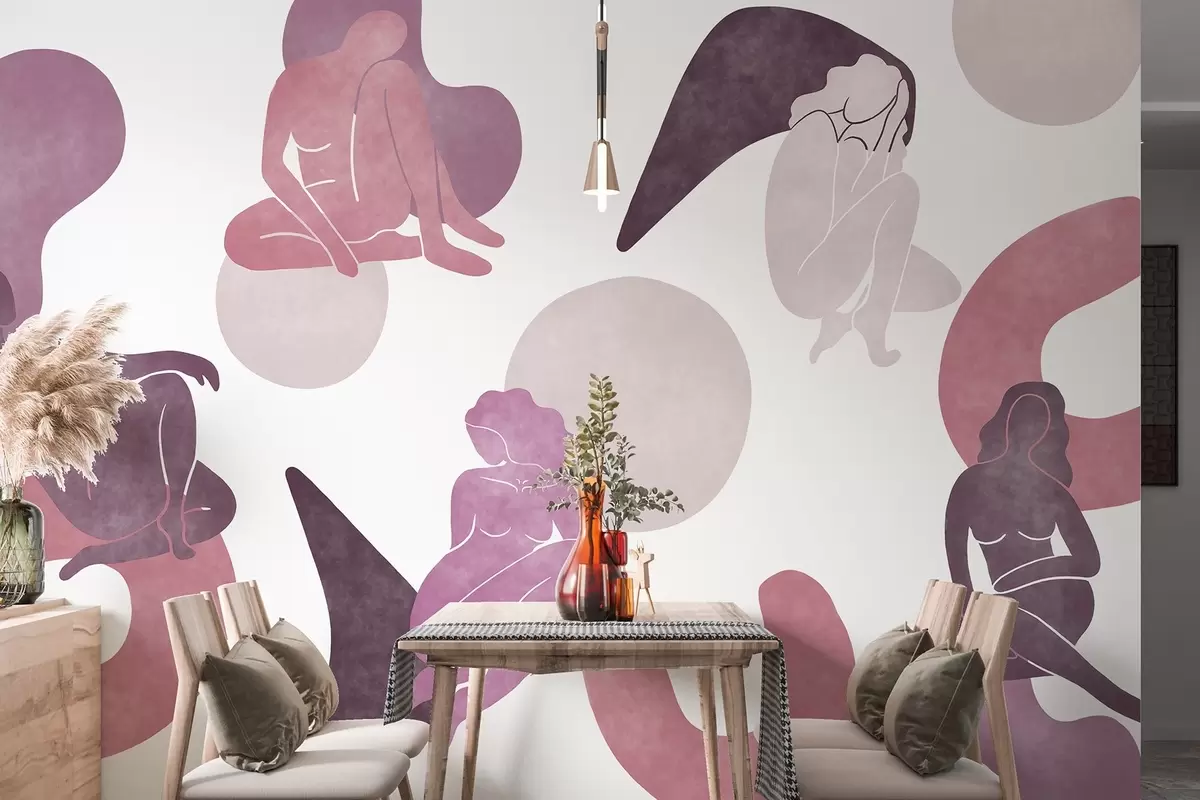 murales de pared Abstracciones geométricas con siluetas femeninas, estilo boho, rosa, beige, morado w03753v3