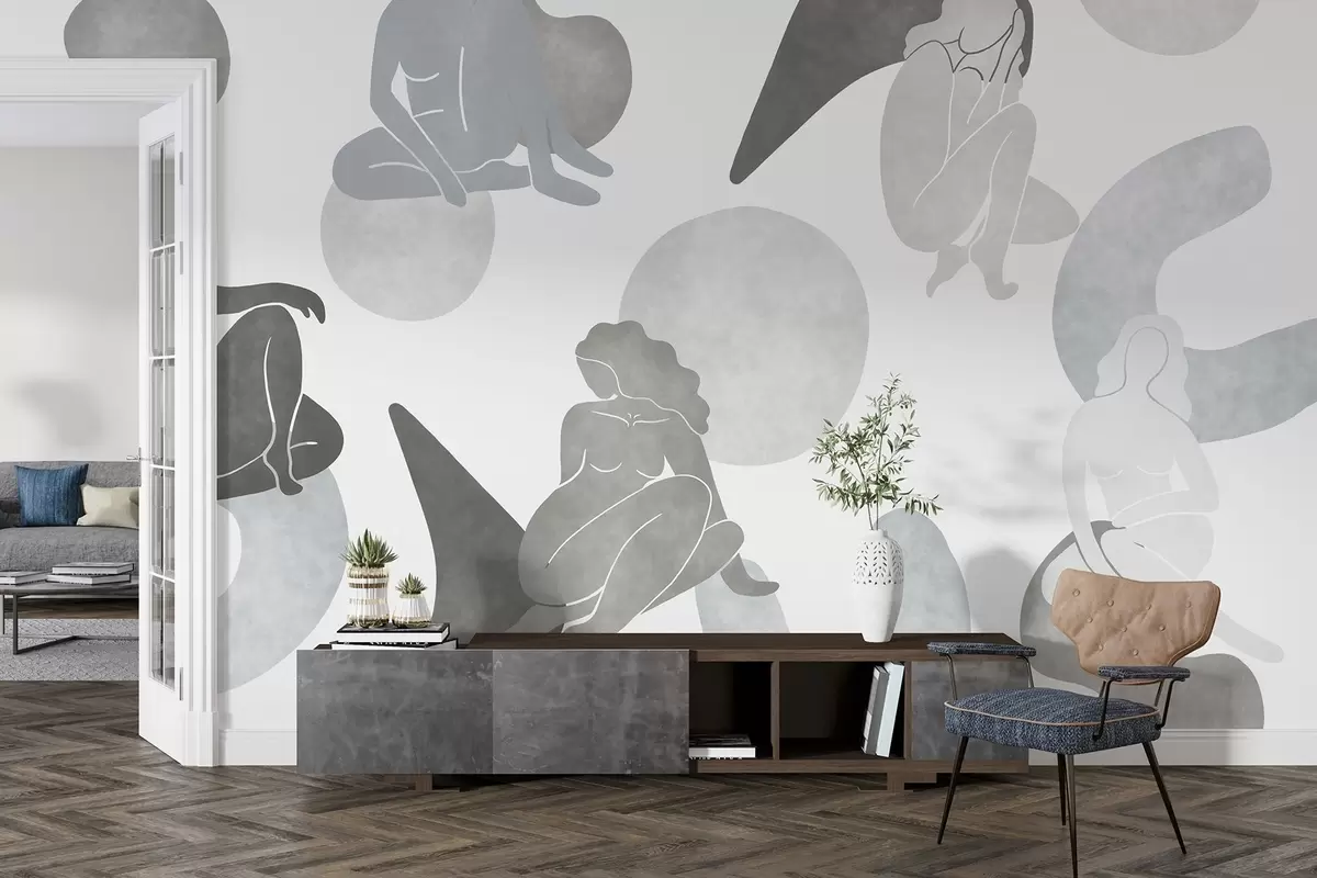 murales de pared Abstracciones geométricas con siluetas femeninas, estilo boho, colores grises w03753v5
