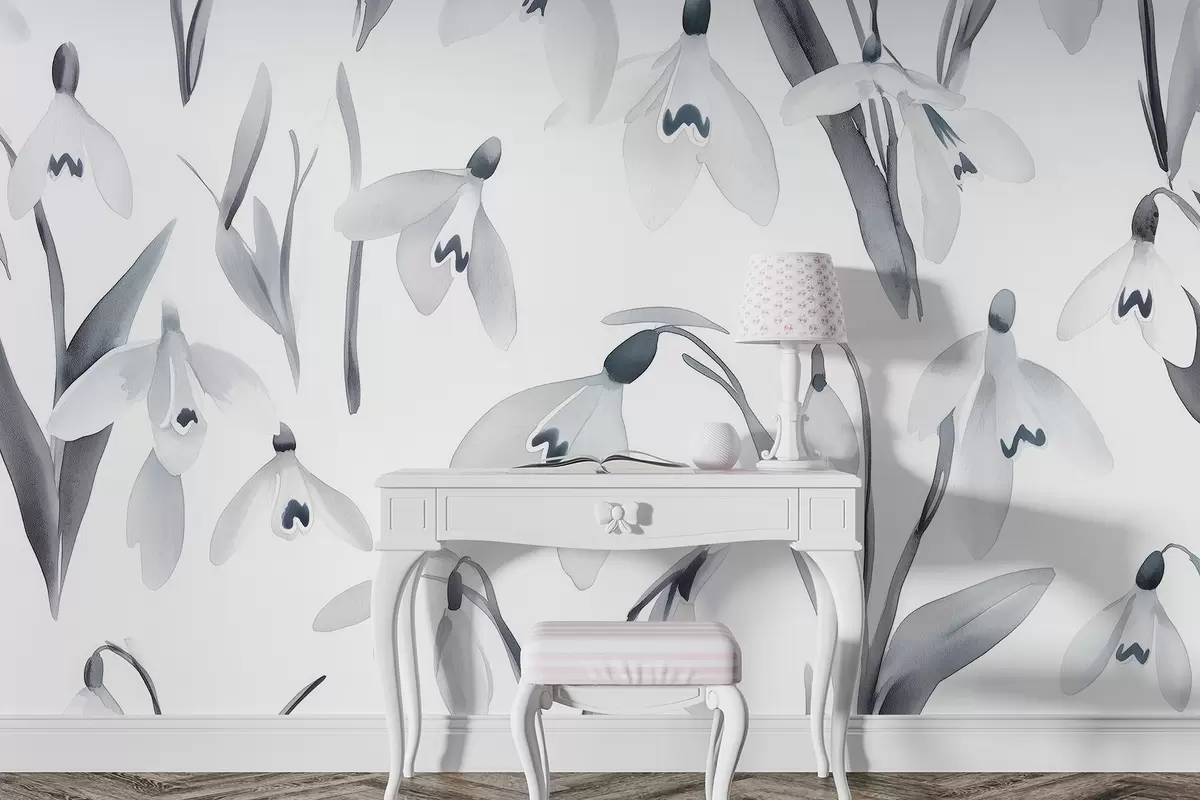 murales de pared Snowdrops flores en estilo acuarela, colores grises w03754v1