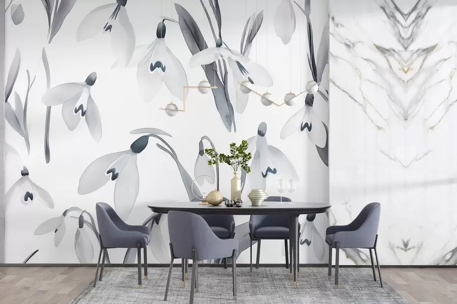 murales de pared Snowdrops flores en estilo acuarela, colores grises w03754v1