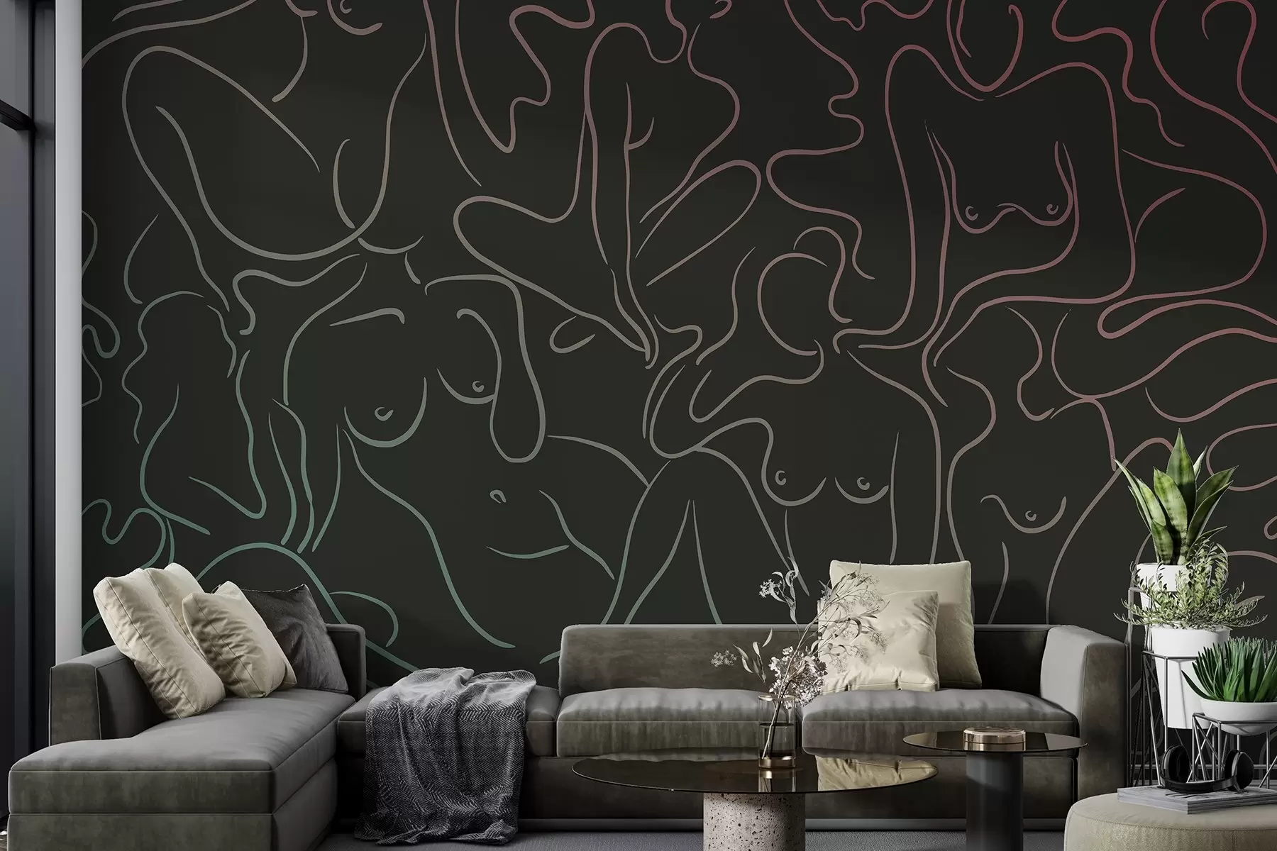 murales de pared Dibujo lineal siluetas anatómicas, abstracción, fondo oscuro w03755v2