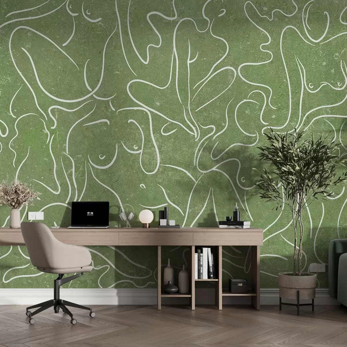 murales de pared Dibujo lineal siluetas anatómicas, abstracción, fondo verde w03756v2