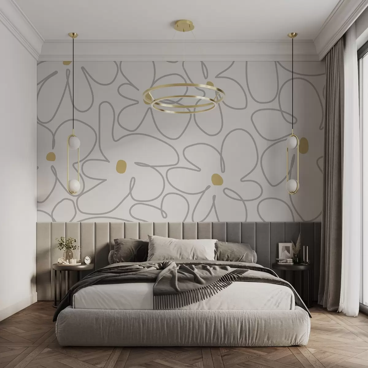 murales de pared Arte lineal minimalista de flores en colores claros w03812