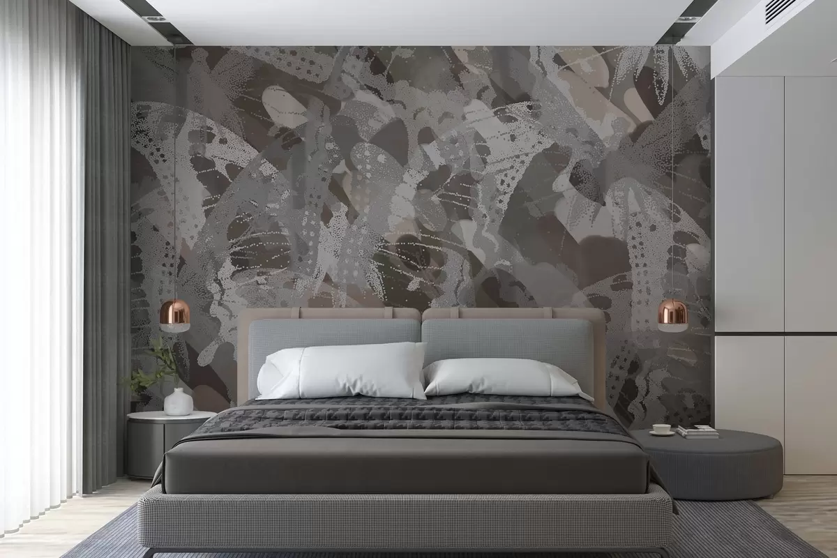 murales de pared abstracción bandada de mariposas en tonos grises y marrones w03725
