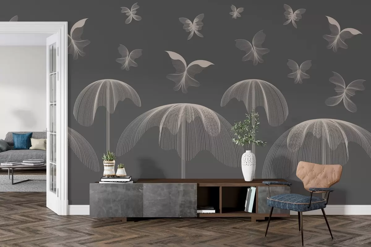 murales de pared papel pintado minimalista lineal mariposas y fuentes sobre fondo gris oscuro w03762v1